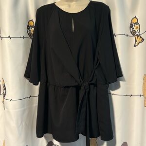 Lane Bryant Tie Front Waist Wide Sleeves Black Business Casual Blouse Size 16